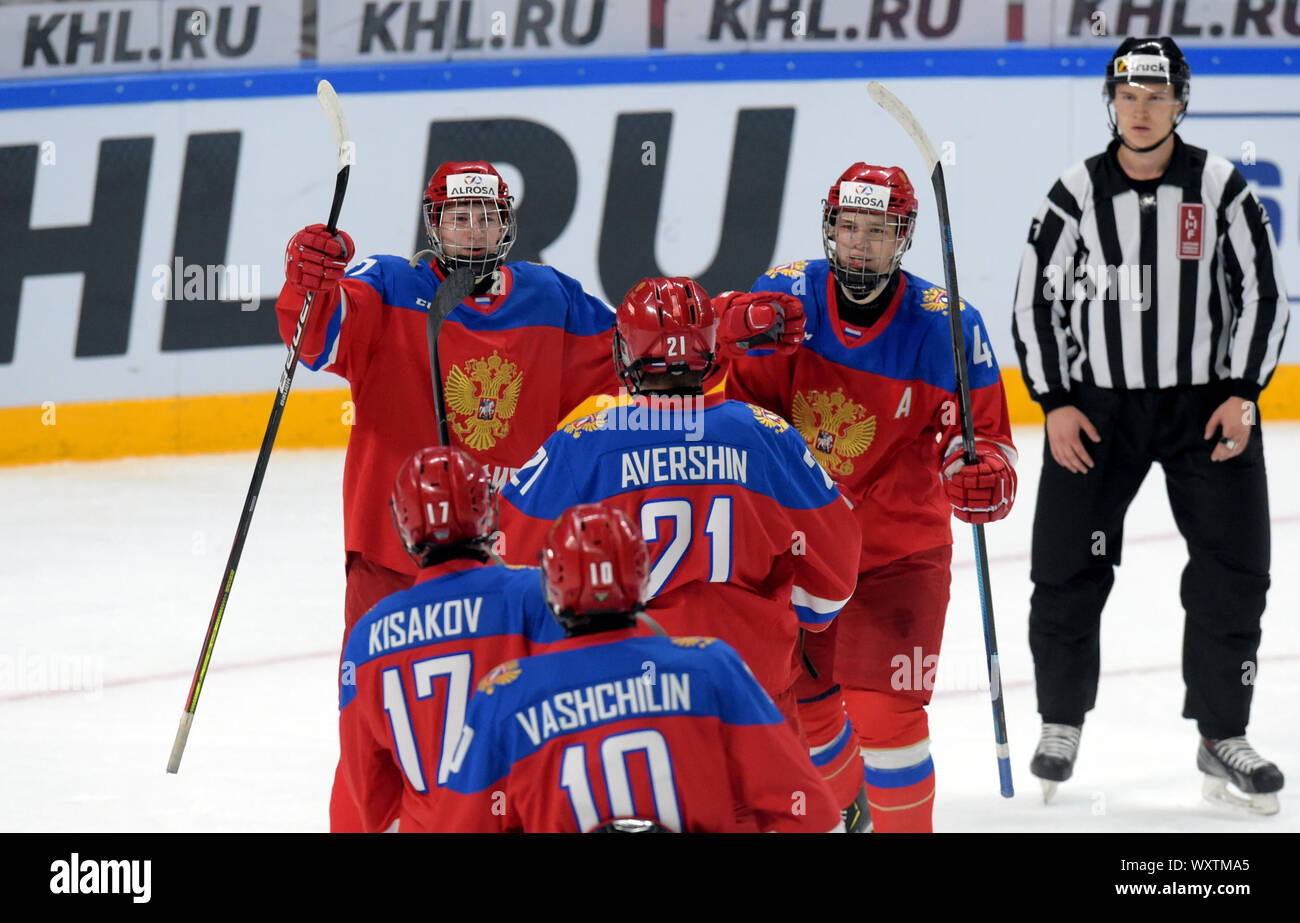 Latvia, Latvia. 17th Sep, 2019. Players of Russia celebrate during the exhibition match between U-18 national ice hockey teams of Latvia and Russia in Riga, Latvia, Sept. 17, 2019. Credit: Edijs Palens/Xinhua Stock Photo