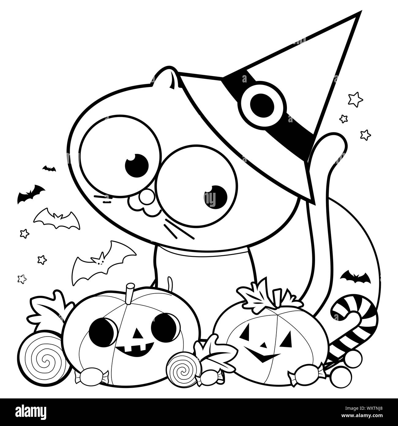Halloween cat, pumpkins and treats. Black and white coloring book page Stock Photo
