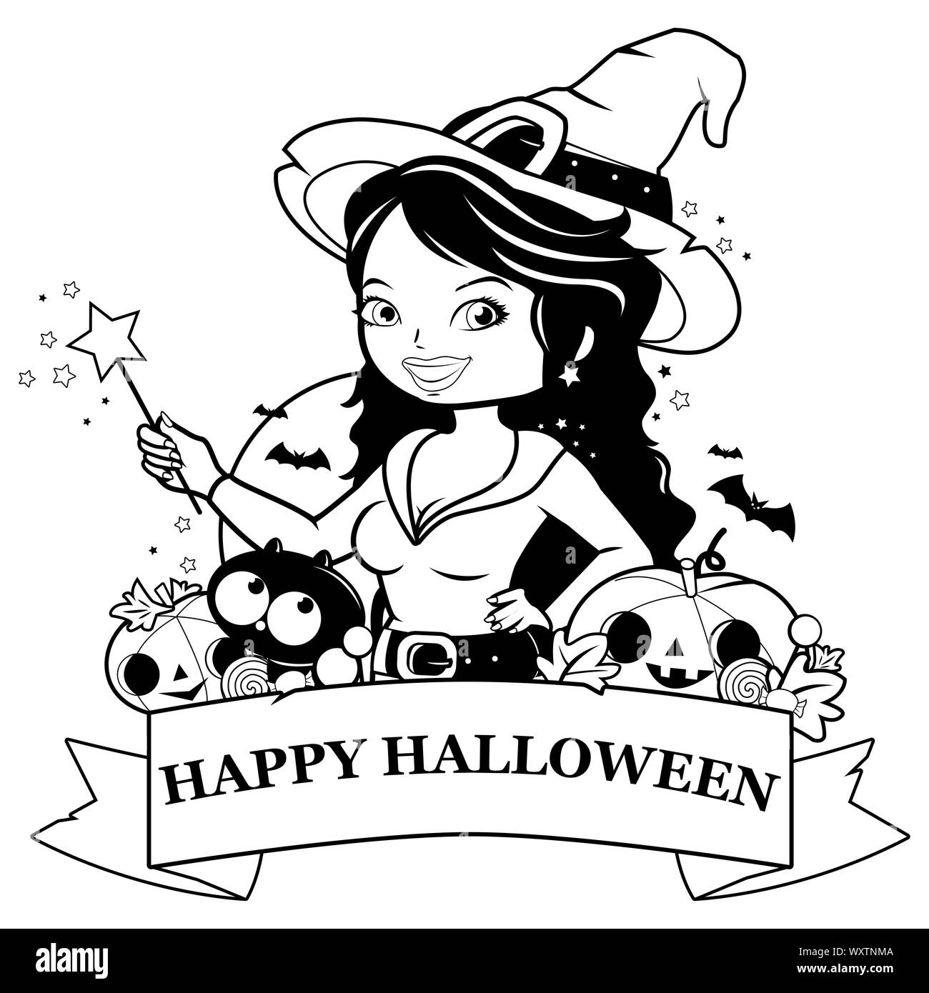 Halloween witch, pumpkins and treats. Black and white coloring book page. Stock Photo