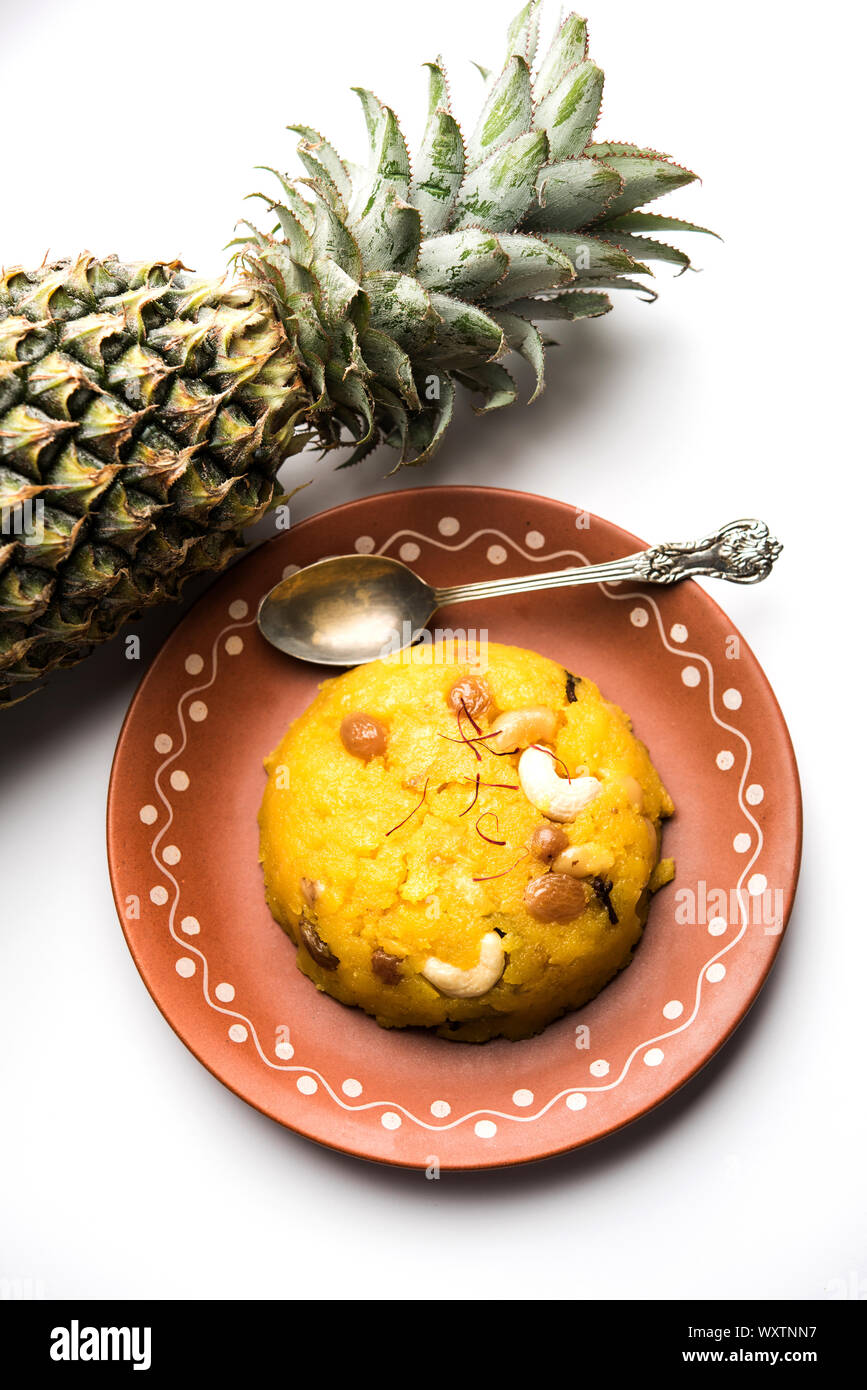 Pineapple sheera or Halwa also known as Ananas keshri shira. Popular