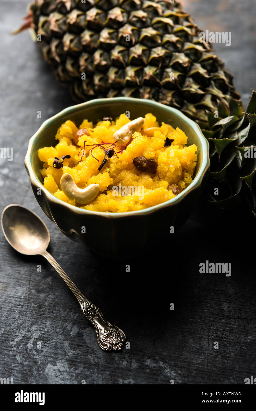 Pineapple sheera or Halwa also known as Ananas keshri shira. Popular