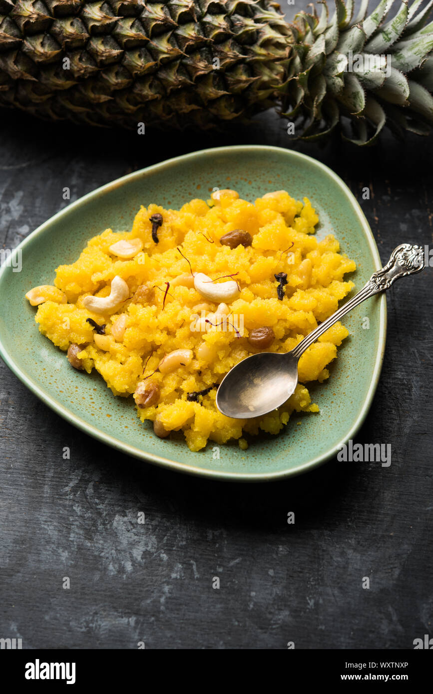 Pineapple sheera or Halwa also known as Ananas keshri shira. Popular