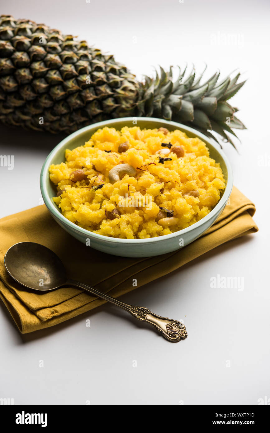 Pineapple sheera or Halwa also known as Ananas keshri shira. Popular