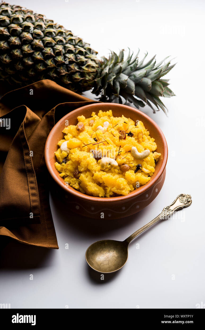 Pineapple sheera or Halwa also known as Ananas keshri shira. Popular
