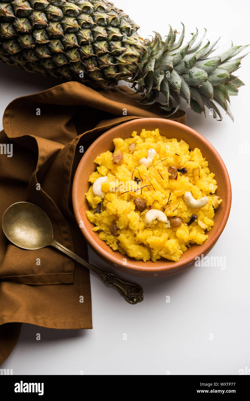Pineapple sheera or Halwa also known as Ananas keshri shira. Popular