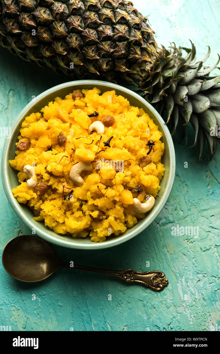Pineapple sheera or Halwa also known as Ananas keshri shira. Popular