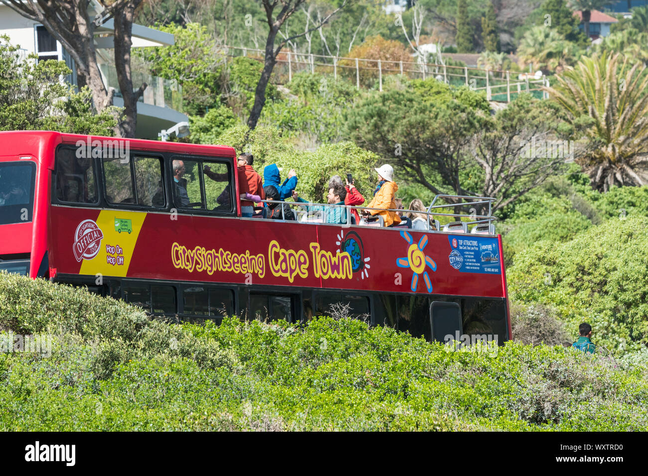 tourists and people on Cape Town city sightseeing red bus on top deck taking photos and selfies while touring and visiting Camps Bay suburb on holiday Stock Photo