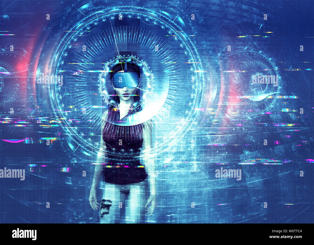 3D woman in modern in virtual reality, cyber design. 3d illustration
