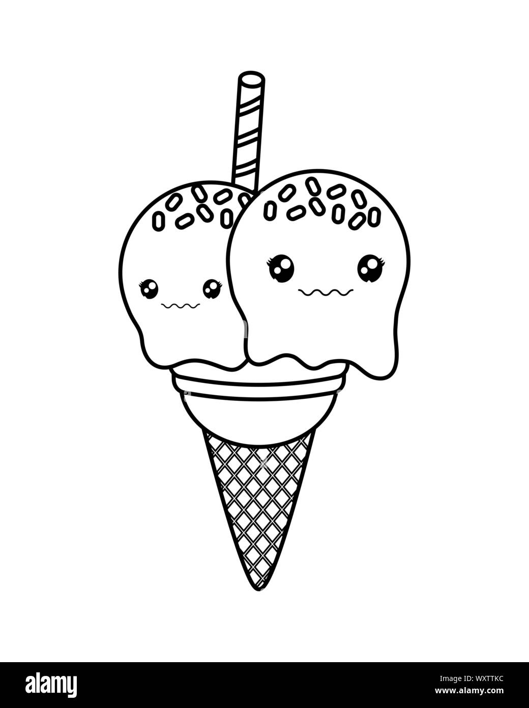 cute ice cream monochrome kawaii character vector illustration design ...