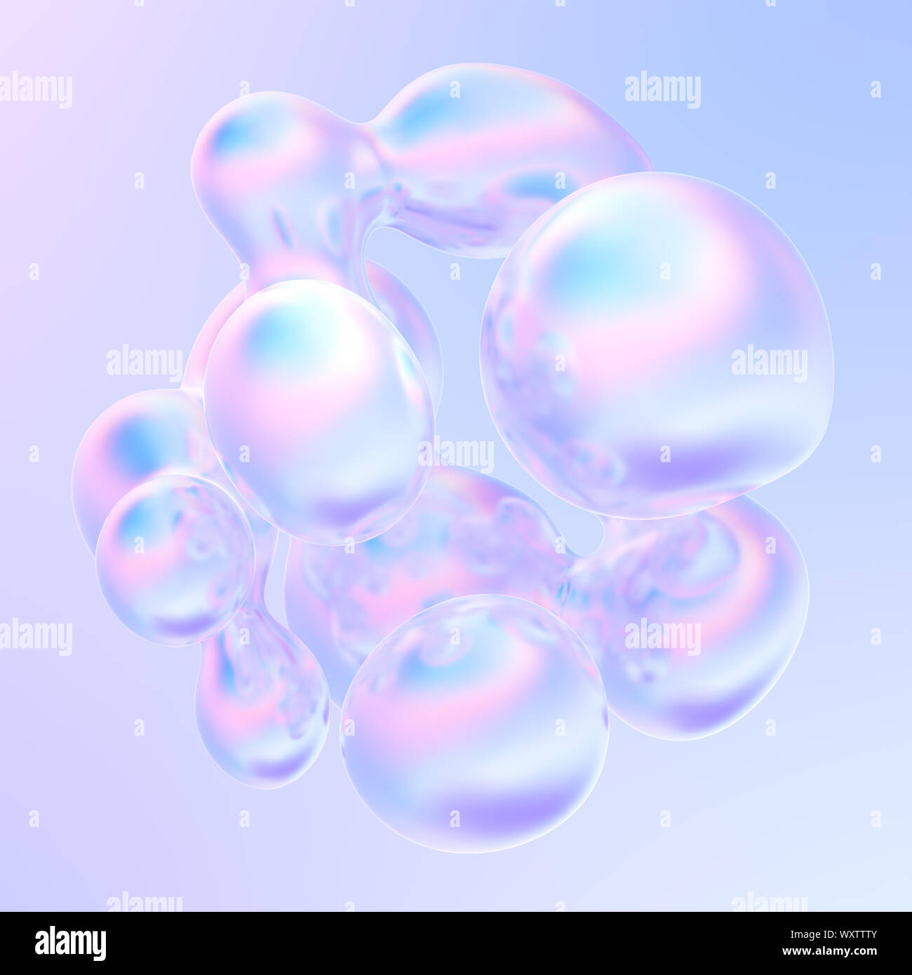 Glowing liquid dynamic metallic bubbles in holographic colors. Liquid metal splash. Fluid design 3d shape. 3d rendering. Stock Photo