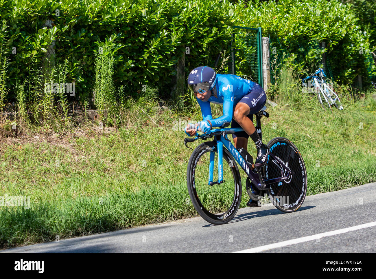 Bosdarros, France - July 19, 2019: The Colombian cyclist Nairo Quintana of Team Movistar riding during stage 13, individual time trial, of Le Tour de Stock Photo