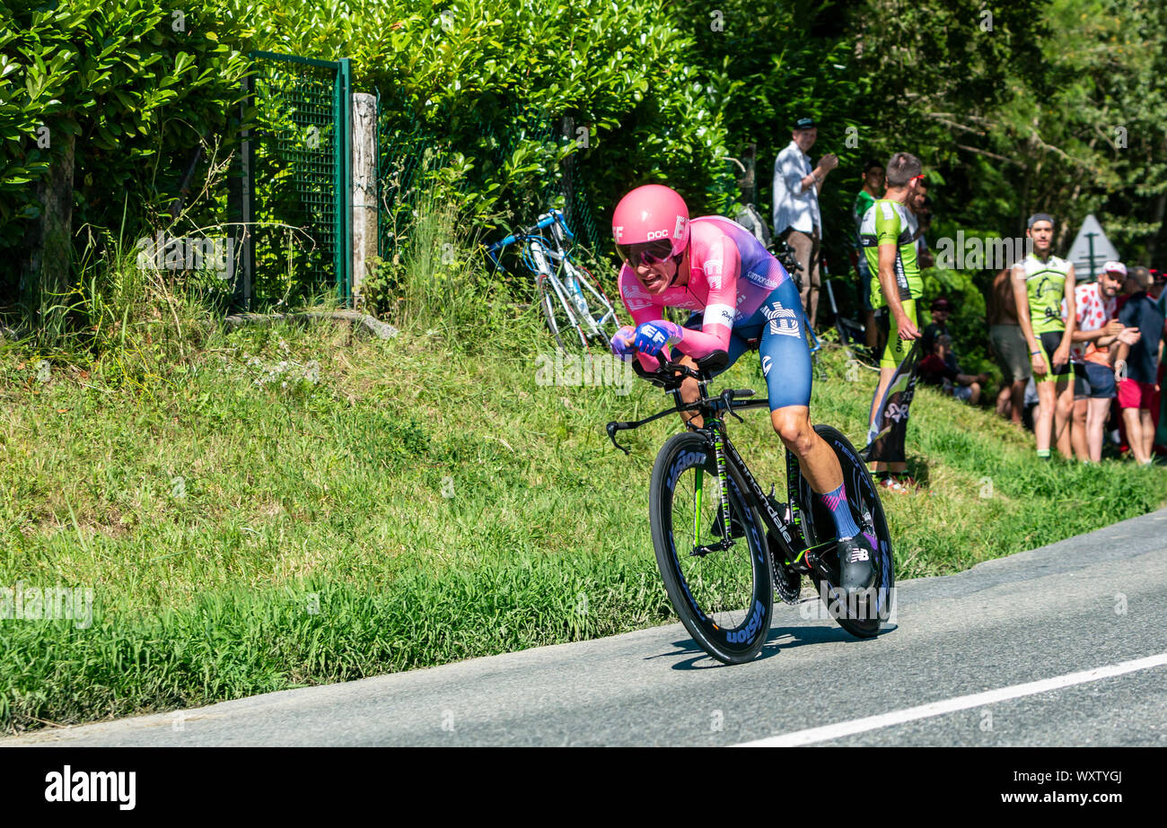 Bosdarros, France - July 19, 2019: The Colombian cyclist Rigoberto Uran of Team EF Education First riding during stage 13, individual time trial, of L Stock Photo