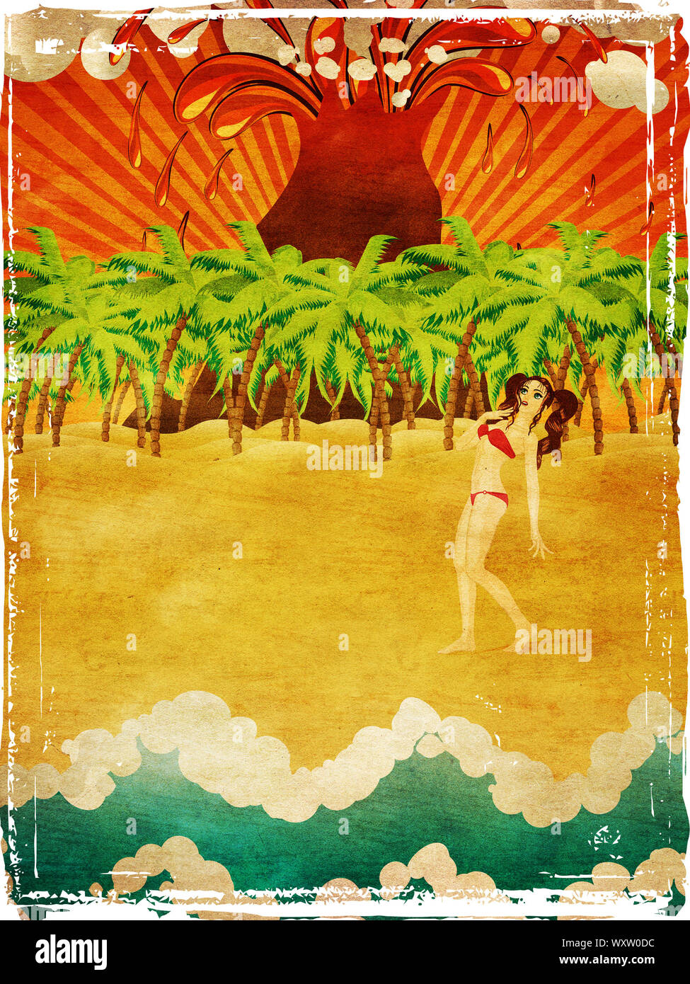 Vintage background with cartoon girl on tropical beach with palm trees