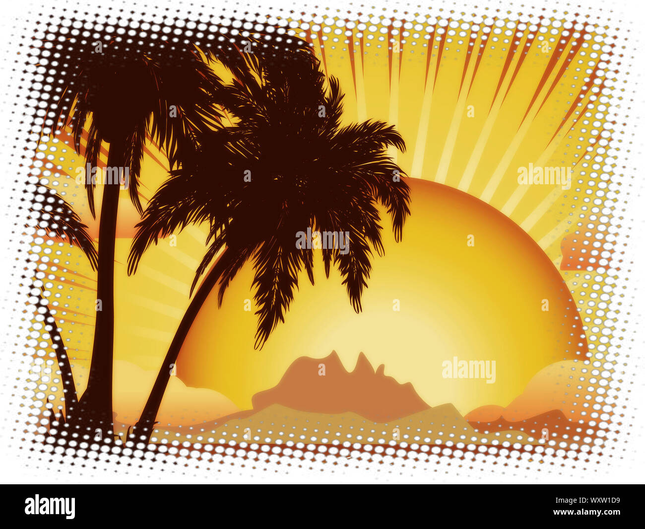 Grunge tropical island with palms at sunset background. Stock Photo