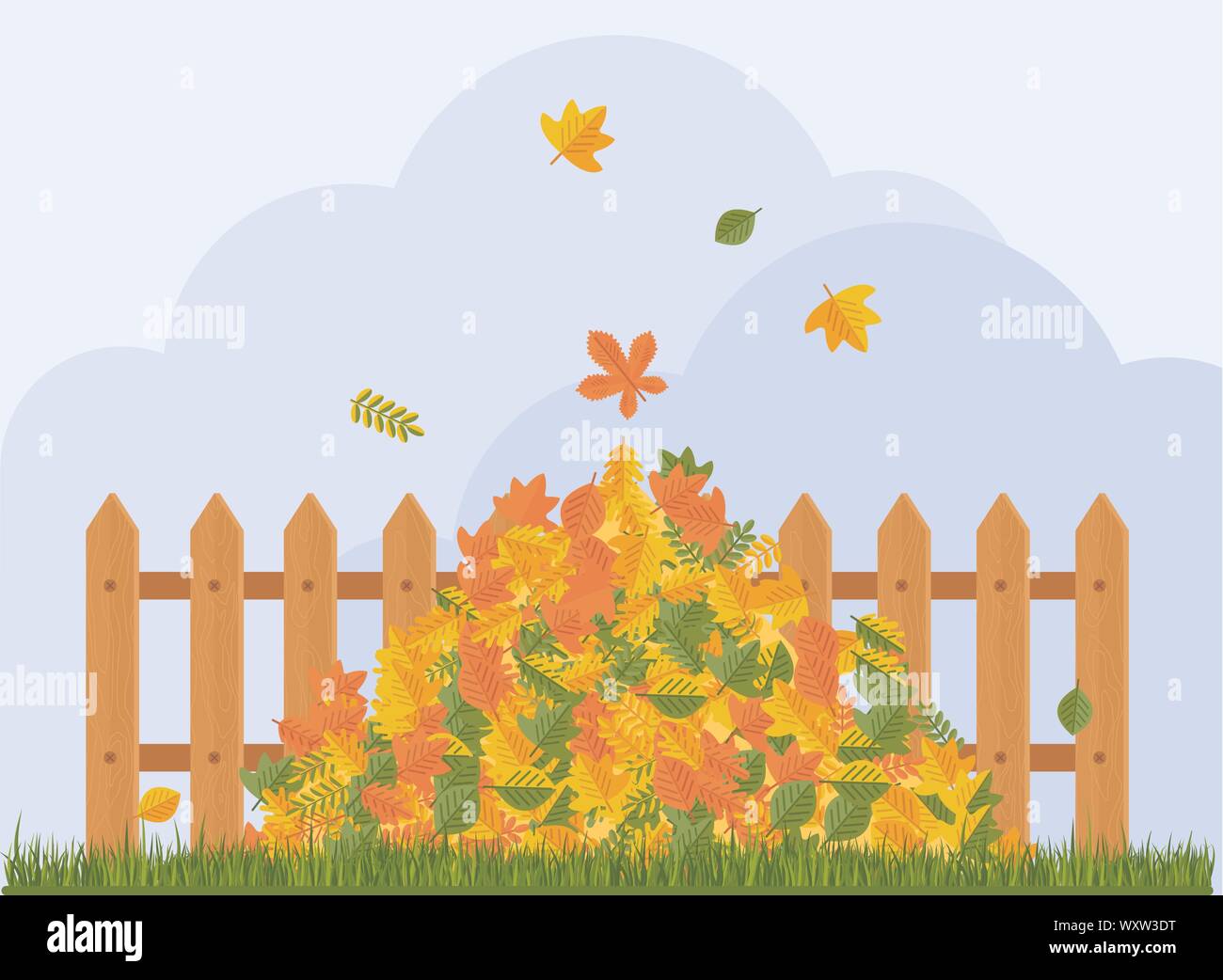 Vector pile of autumn leaves lies under the fence. Stock Vector