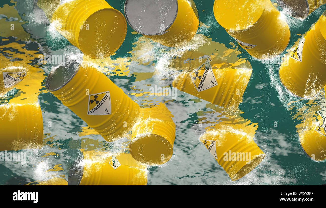 barrels containing dangerous and radioactive material are discharged into the sea. Concept of environmental disaster. 3d render Stock Photo