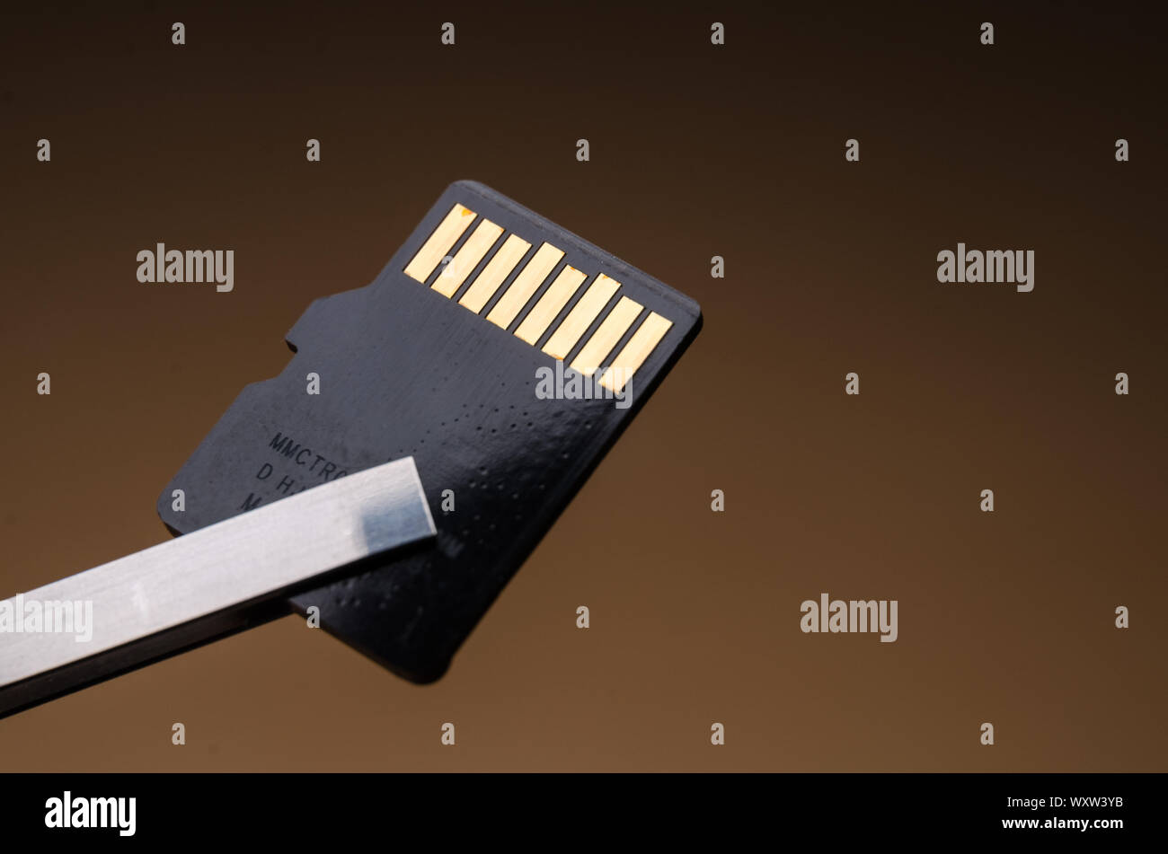 Close-up of tweezers holding a micro SD Memory Card Stock Photo