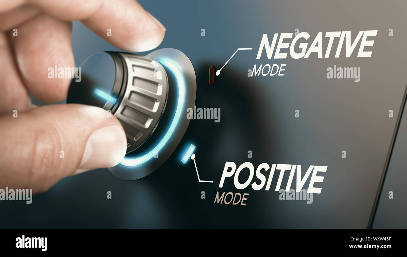 Hand turning a knob to switch from negative to positive mindset. Psychology concept. Composite image between a photography and a 3D background. Stock Photo