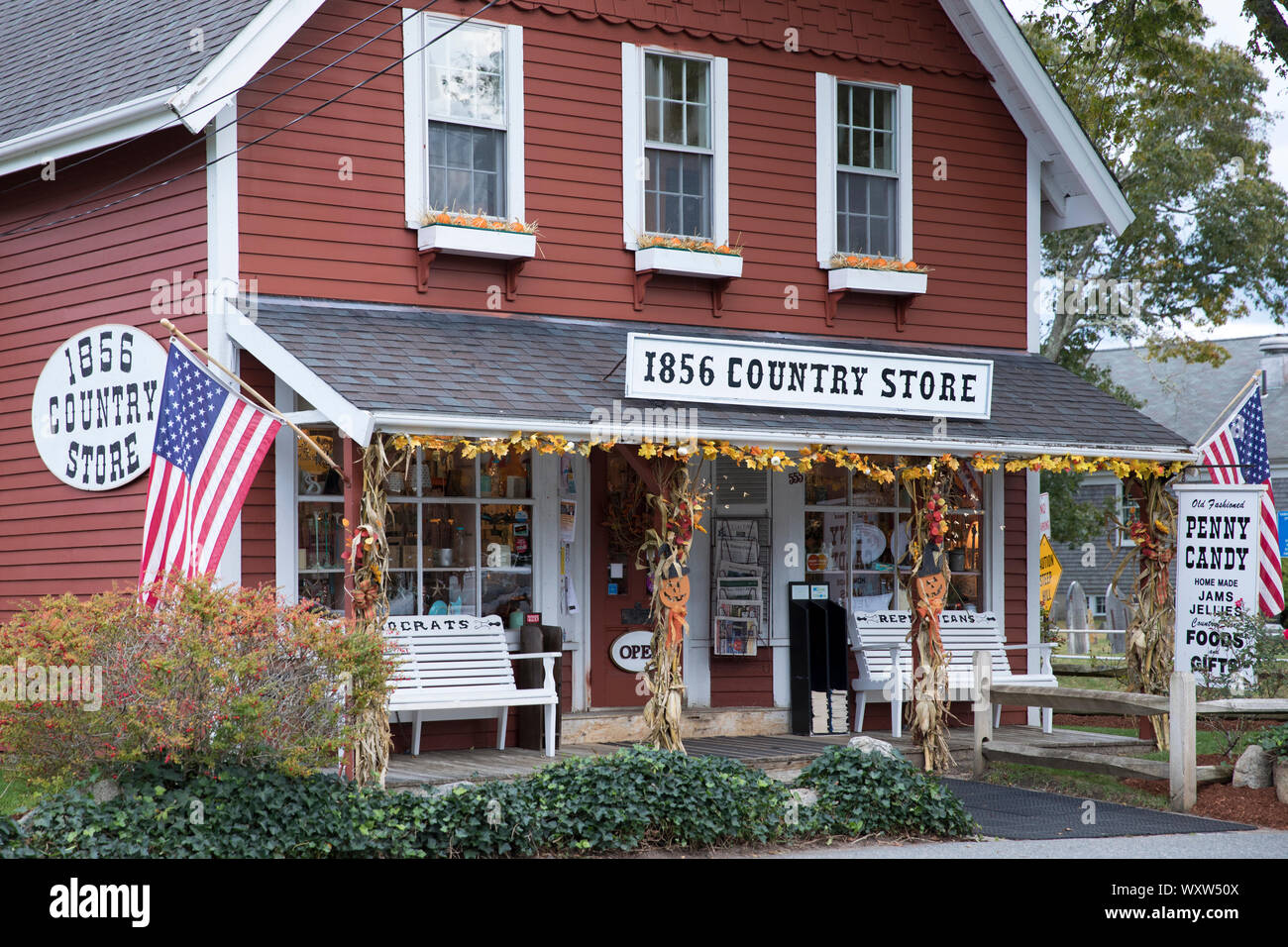 1856 Country Store of wood clapboard with bench for Democrats and Republications in Centerville, Massachusetts, USA Stock Photo