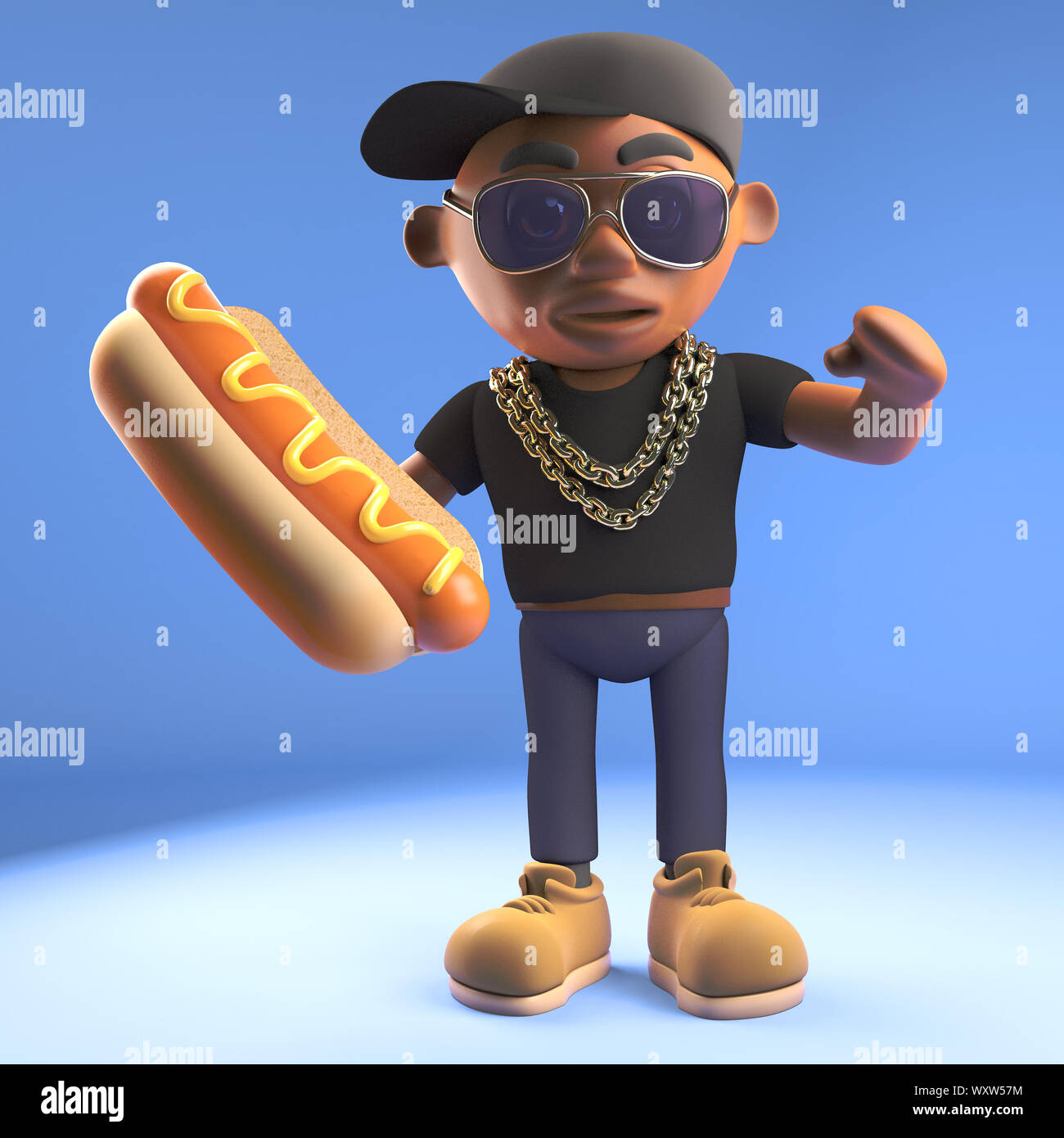 Black 3d cartoon hiphop rapper emcee character eating a hotdog hot dog, 3d  illustration render Stock Photo - Alamy