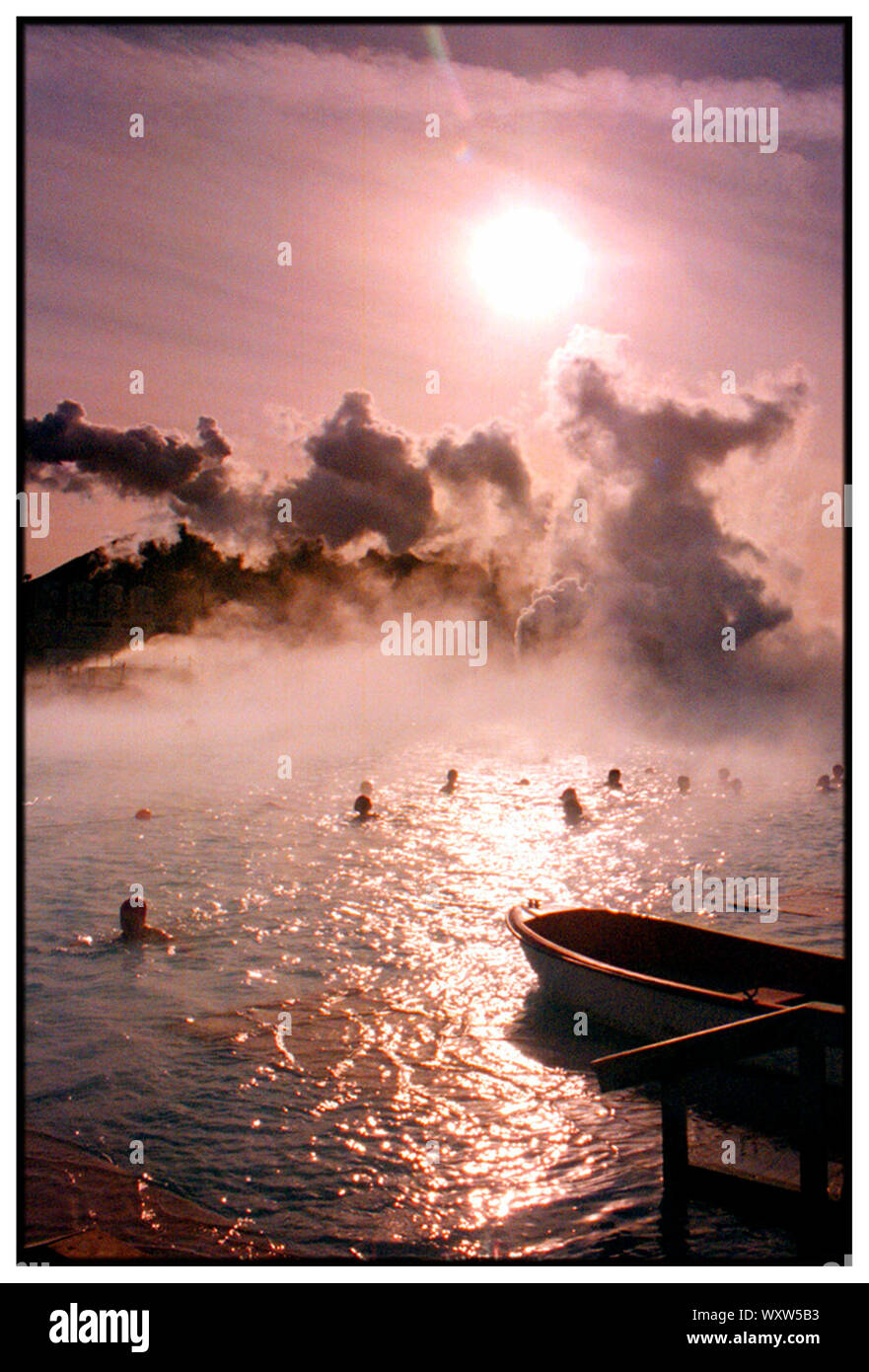 The Blue Lagoon. The geothermal spa is heated by water from the nearby Svartsengi geothermal power plant. The silt in the pool is silica, and is rubbed on the skin by bathers. Stock Photo