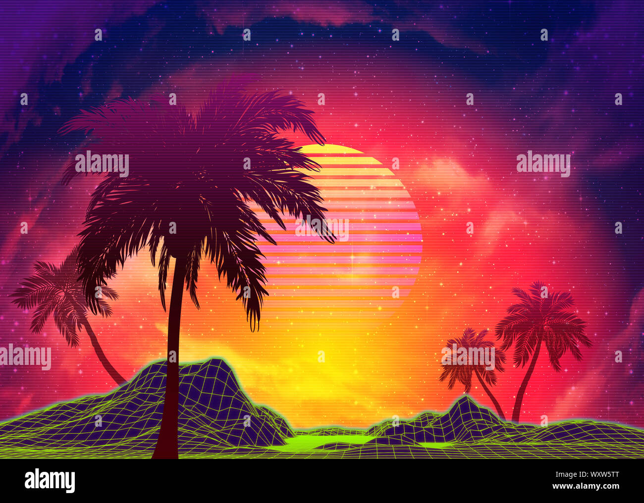 Neon glowing grid rocks and palm trees, futuristic landscape design, 3d illustration. Stock Photo