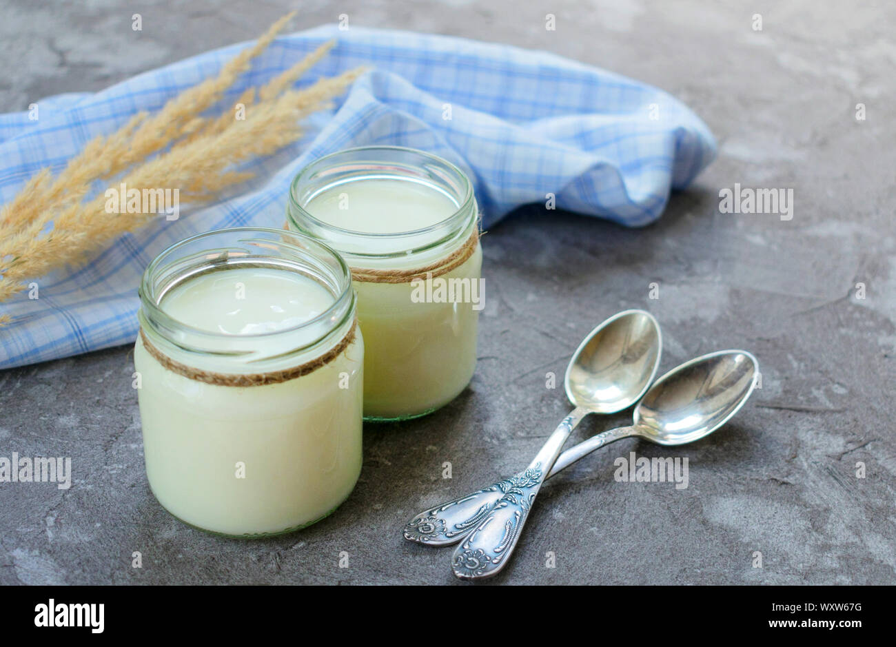 Greek yogurt in glass jars with spoons on a gray textural background