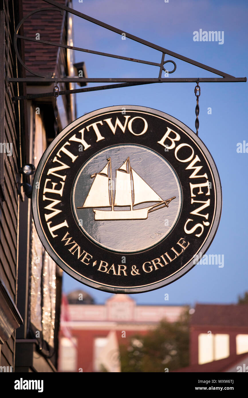 Sign for Twenty-two Bowen's wine bar and grill at Bowen's Wharf, Newport  Harbor, Rhode Island, USA Stock Photo