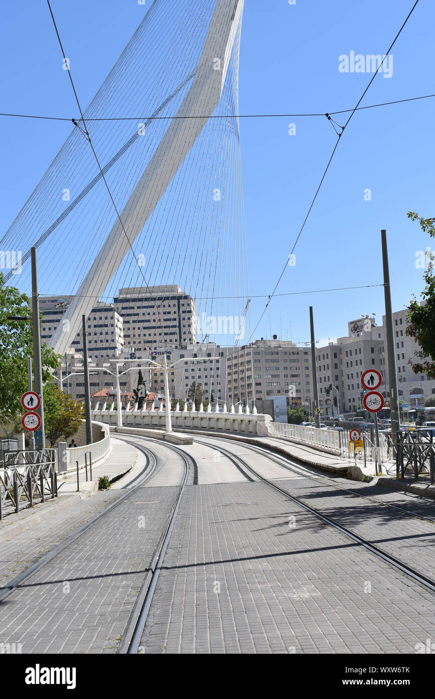 Light Rail Tracks Leading into the Jerusalem Chords Bridge Stock Photo