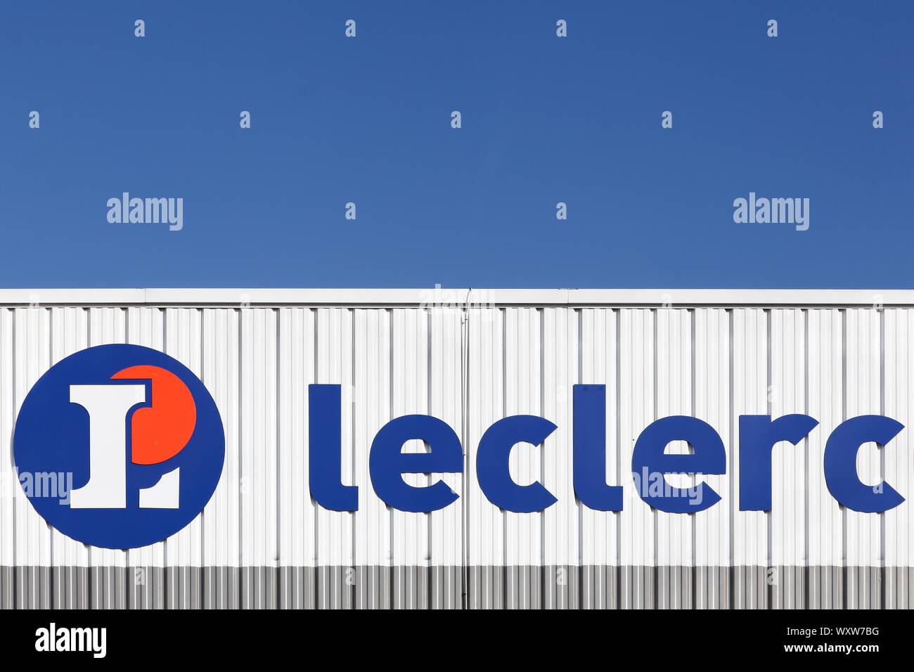 Miribel, France - January 30, 2016: Leclerc logo on a facade. Leclerc is a french hypermarket chain Stock Photo