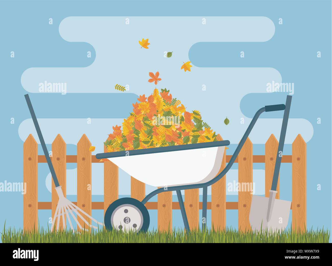 White wheelbarrow with a bunch of leaves Stock Vector