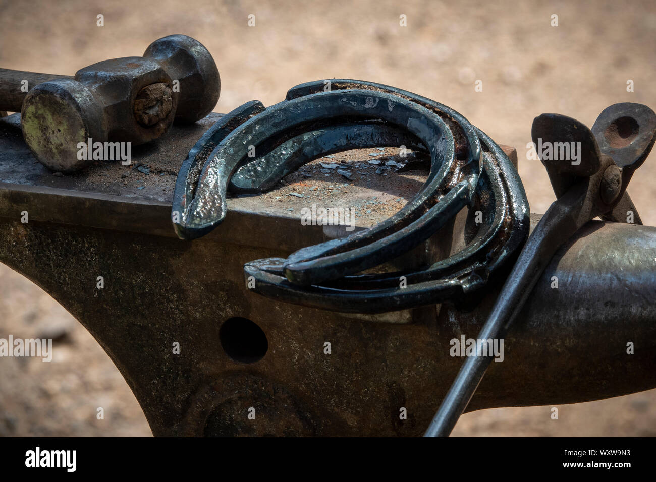 A farrier's anvil with tools, hammer and a pair of horse shoes resting