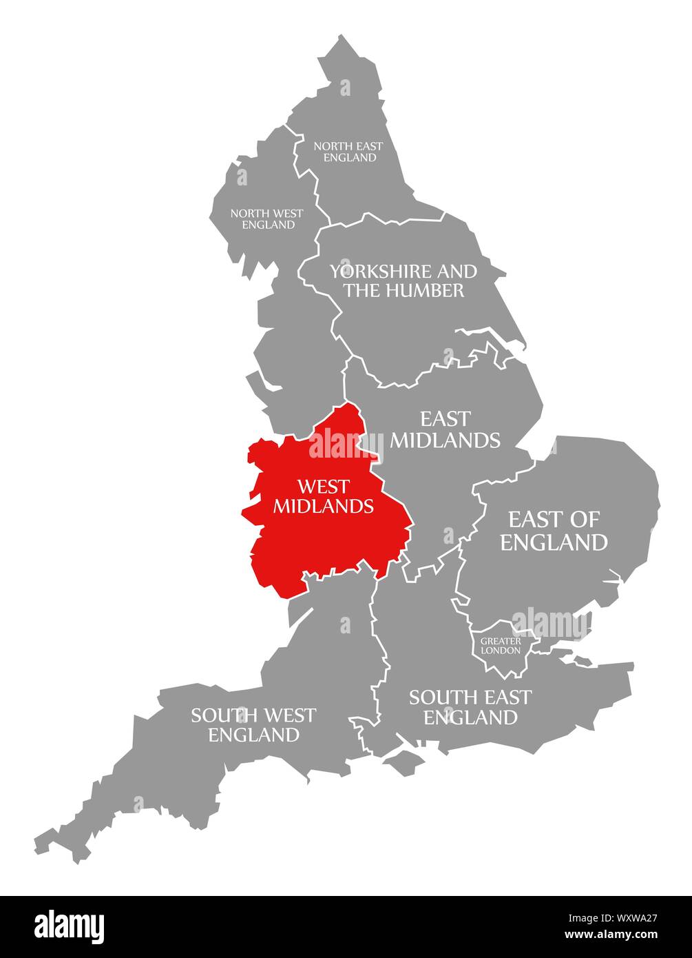 West Midlands red highlighted in map of England UK Stock Photo