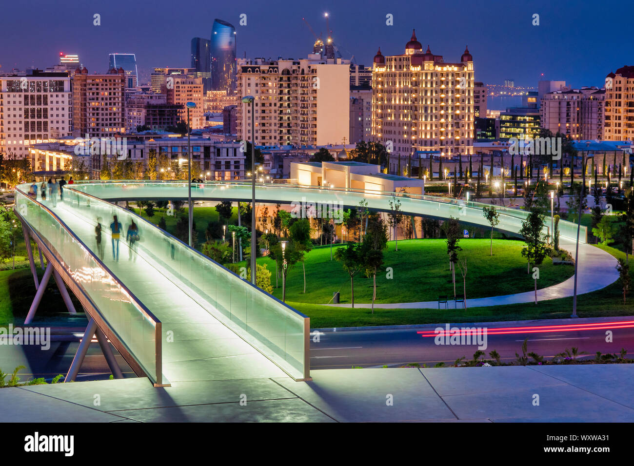 Illuminated bridge in Central Park, Baku, Azerbaijan Stock Photo