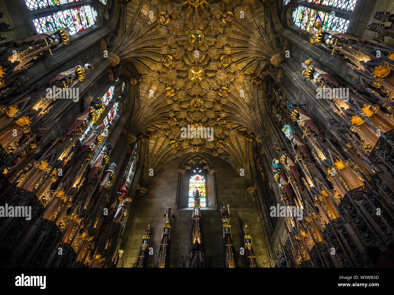The interior and ceiling of the Thistle Chapel of St Giles Cathedral, Edinburgh, Scotland. Stock Photo