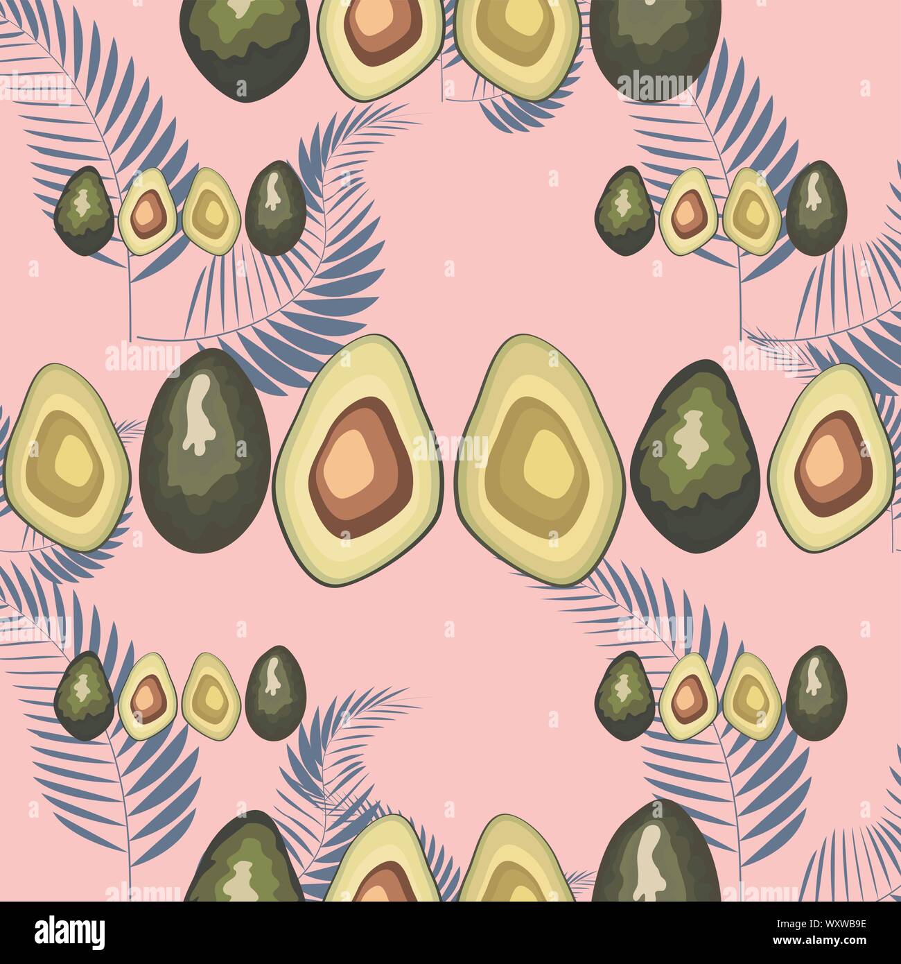 Trendy print with avocado and palm leaves. Seamless pattern with fruits ...