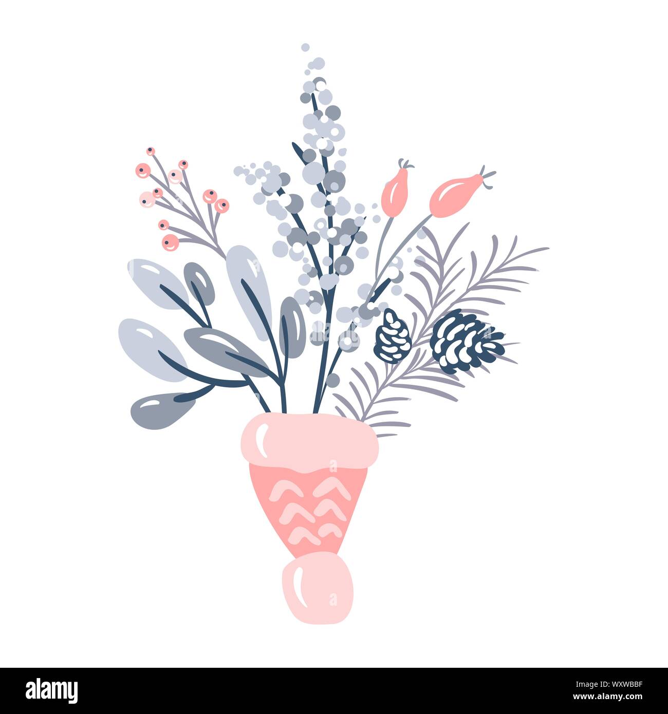 Merry christmas vector invitation bouquet of flowers and pine branch ...