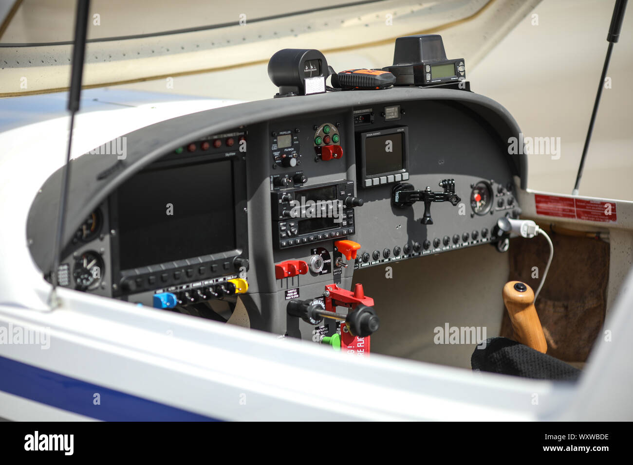 Details with the cockpit and electronic equipments of a light aircraft Stock Photo