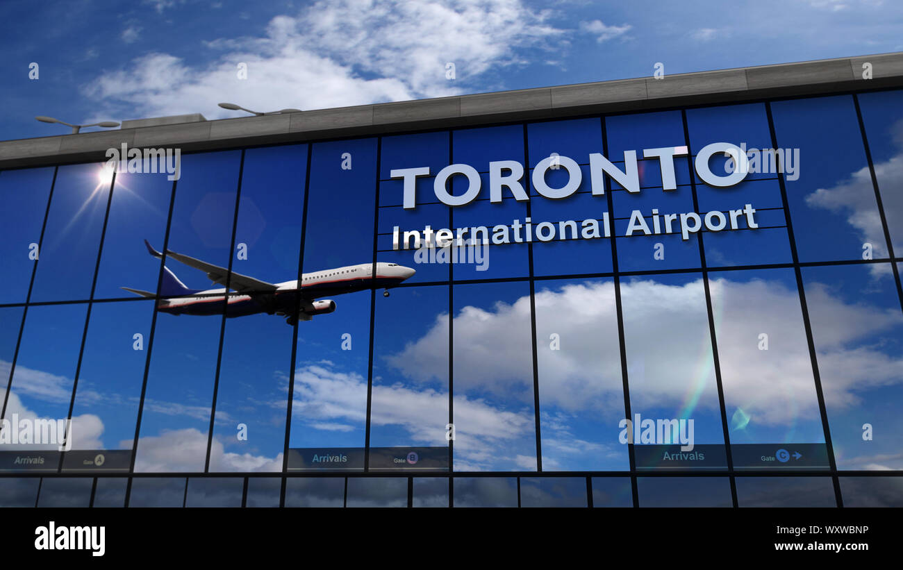 Jet aircraft landing at Toronto, Canada 3D rendering illustration. Arrival in the city with the glass airport terminal and reflection of the plane. Tr Stock Photo