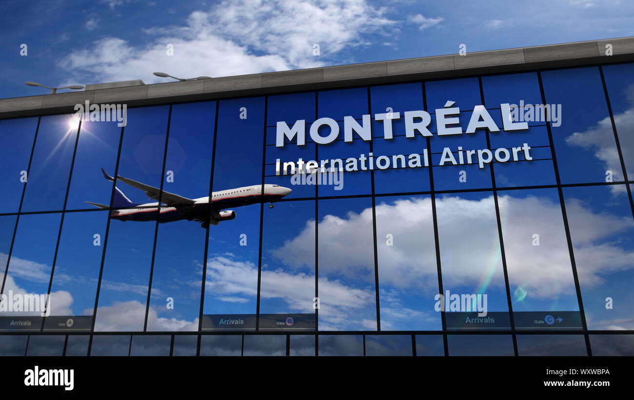 Jet aircraft landing at Montreal, Canada 3D rendering illustration. Arrival in the city with the glass airport terminal and reflection of the plane. T Stock Photo