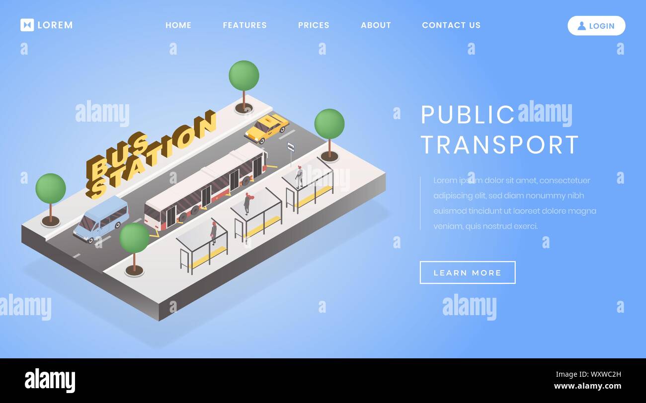 Bus stop, station landing page vector template. City transportation website homepage interface idea with flat vector illustrations. Interurban tours service web banner, webpage cartoon concept Stock Vector