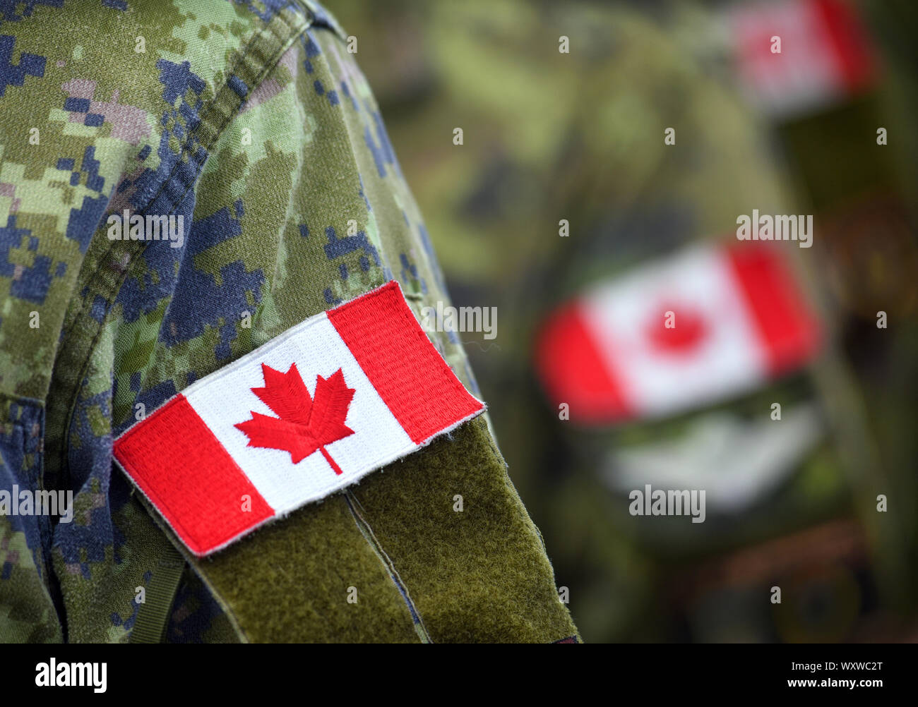 Flag of Canada on soldiers arm. Canadian troops. Canadian Army Stock Photo