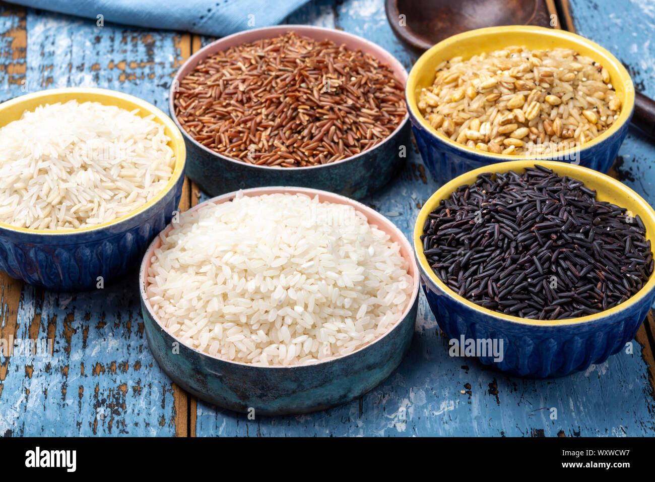 Different types of rice, white basmati, jasmine, arborio, brown and