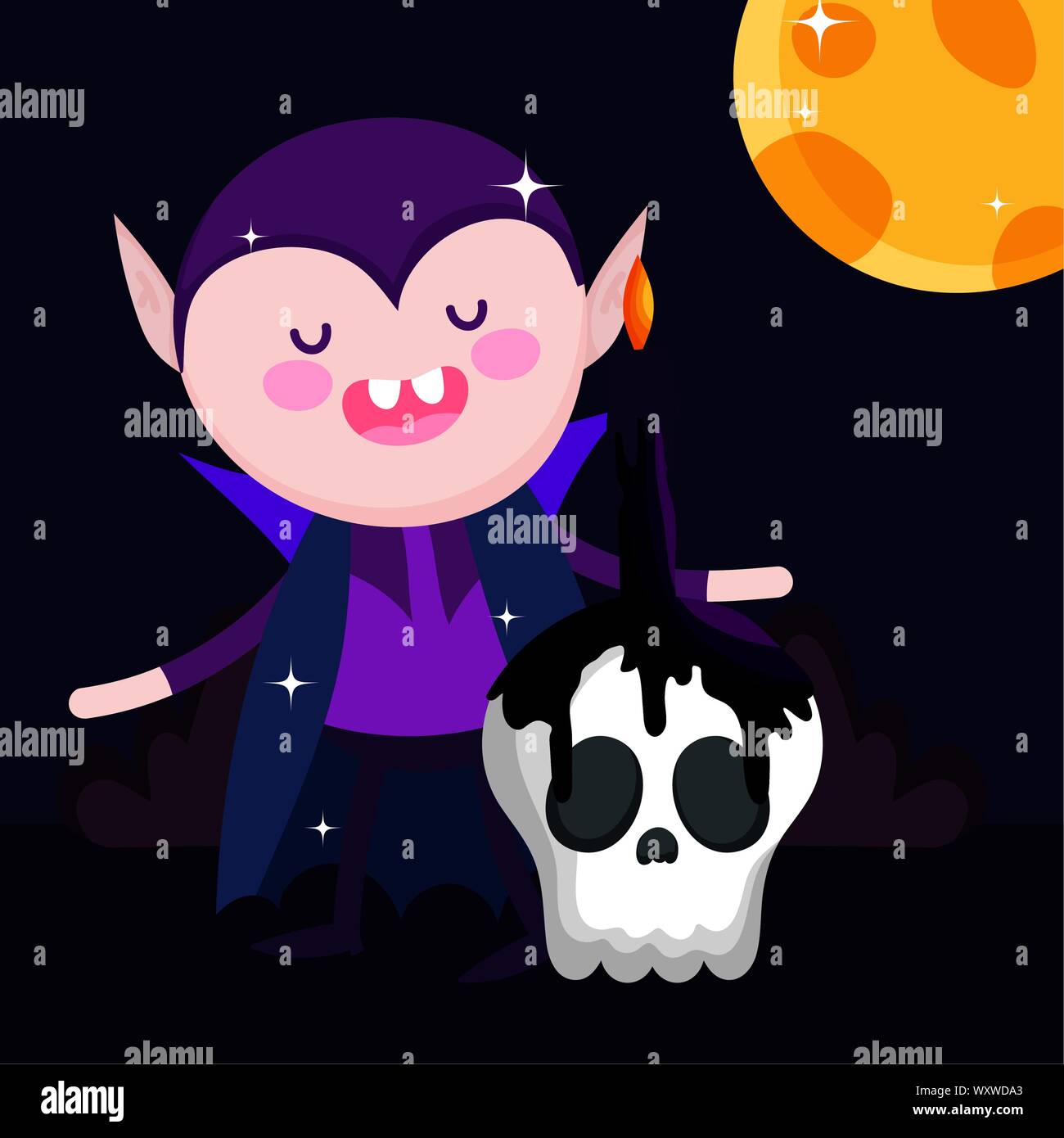 dracula with skull candle moon night halloween vector illustration ...
