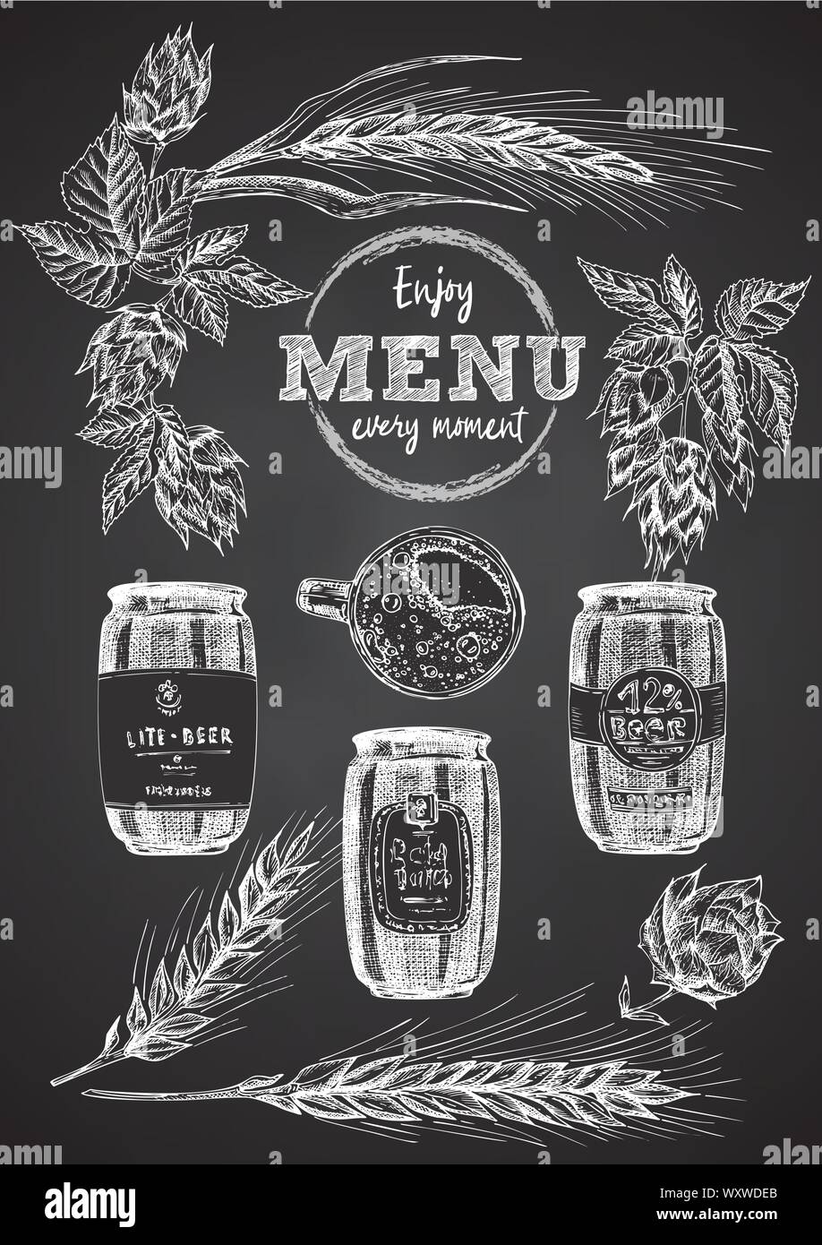 Set hand drawn sketch bottle and beer can, hop, wheat Vintage design bar, restaurant, cafe menu on black chalk board background. Creative template for Stock Vector