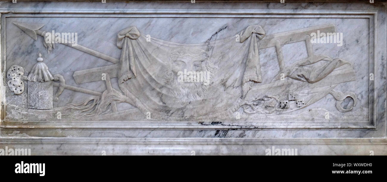 Veil of Veronica, detail of the altar in the Catholic Church Saint Eustache in Dobrota, Montenegro Stock Photo