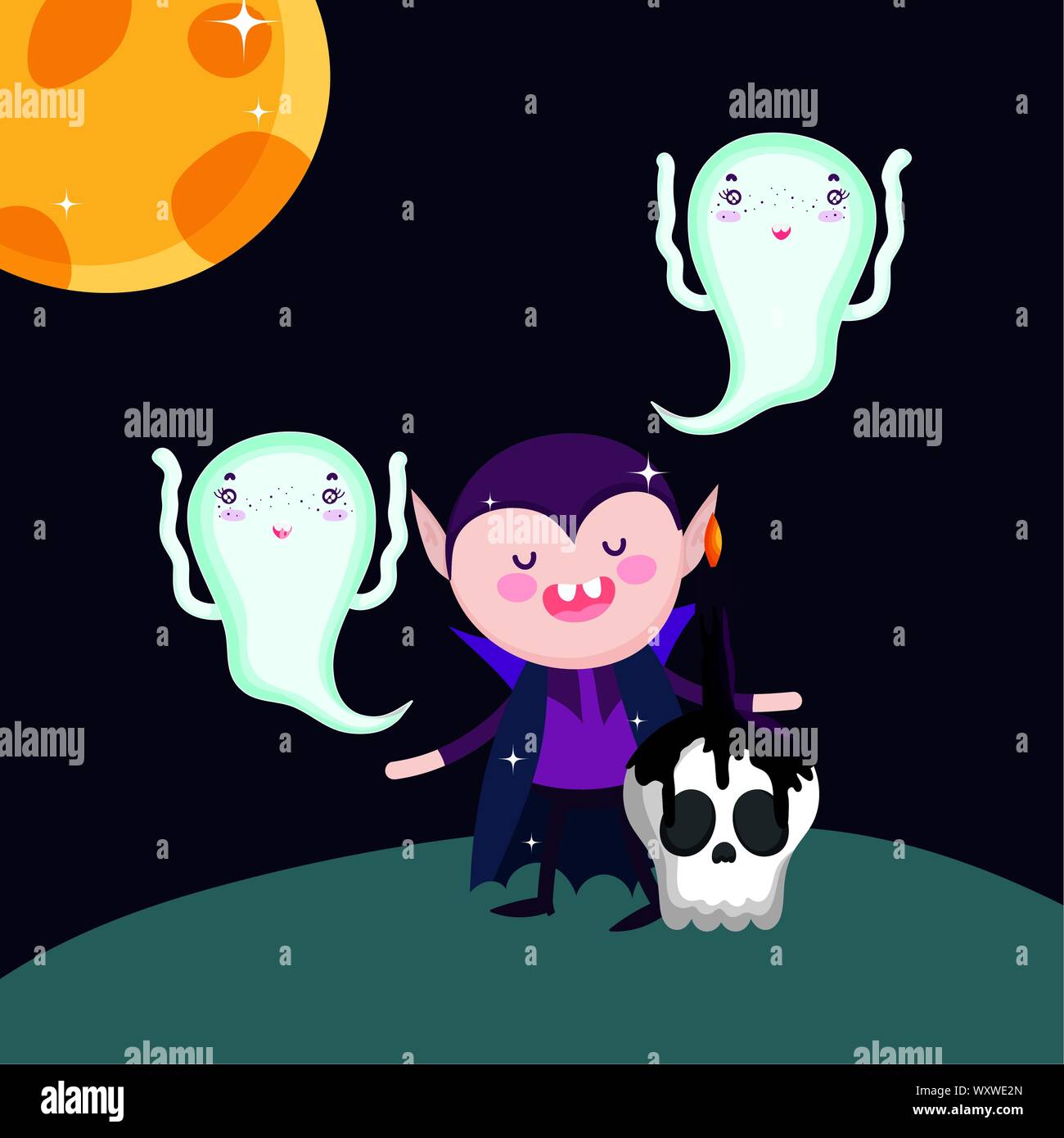 dracula ghost skull candles moon halloween vector illustration Stock ...