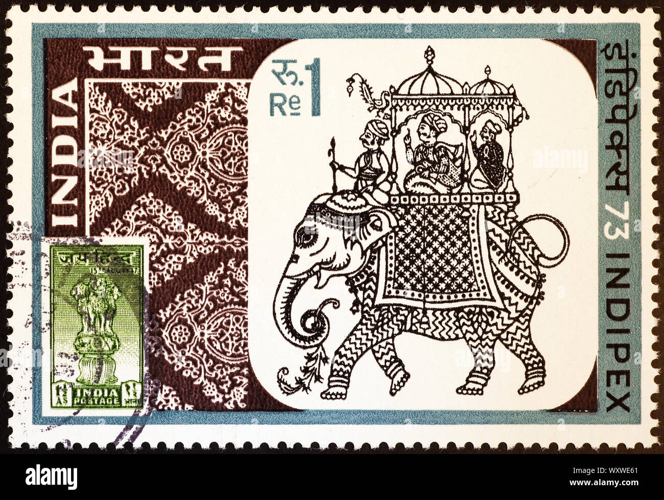 Drawing of elephant carrying Maharaja on indian postage stamp Stock Photo