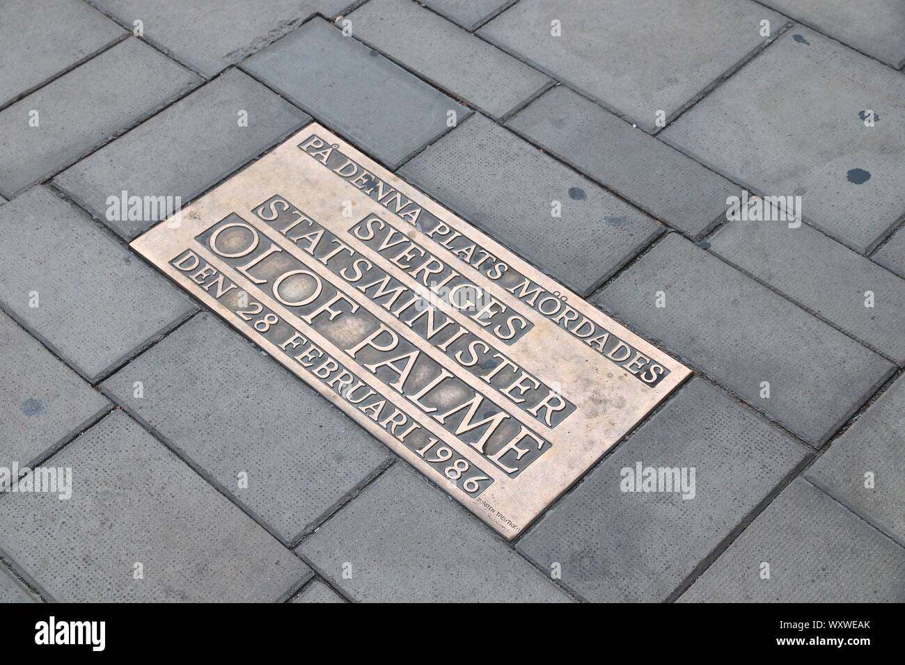 STOCKHOLM, SWEDEN - AUGUST 22, 2018: Memorial plaque at the location of assassination of Olof Palme, Prime Minister of Sweden at Sveavagen street in S Stock Photo