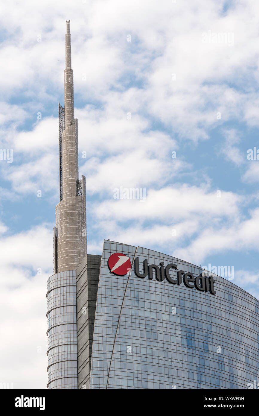 Milan, Italy: detail of the Unicredit Bank headquarters skyscraper with company logo sign Stock Photo